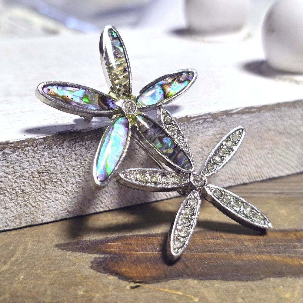 CZ Crystal Flowers Paua Abalone Shell Silver Rhodium Plate Brooch Sweater Pin - Picture 2 of 9